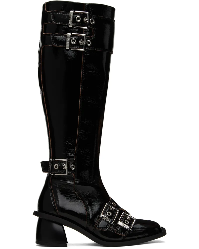 Ganni Black Feminine Buckle High Tall Boots 099