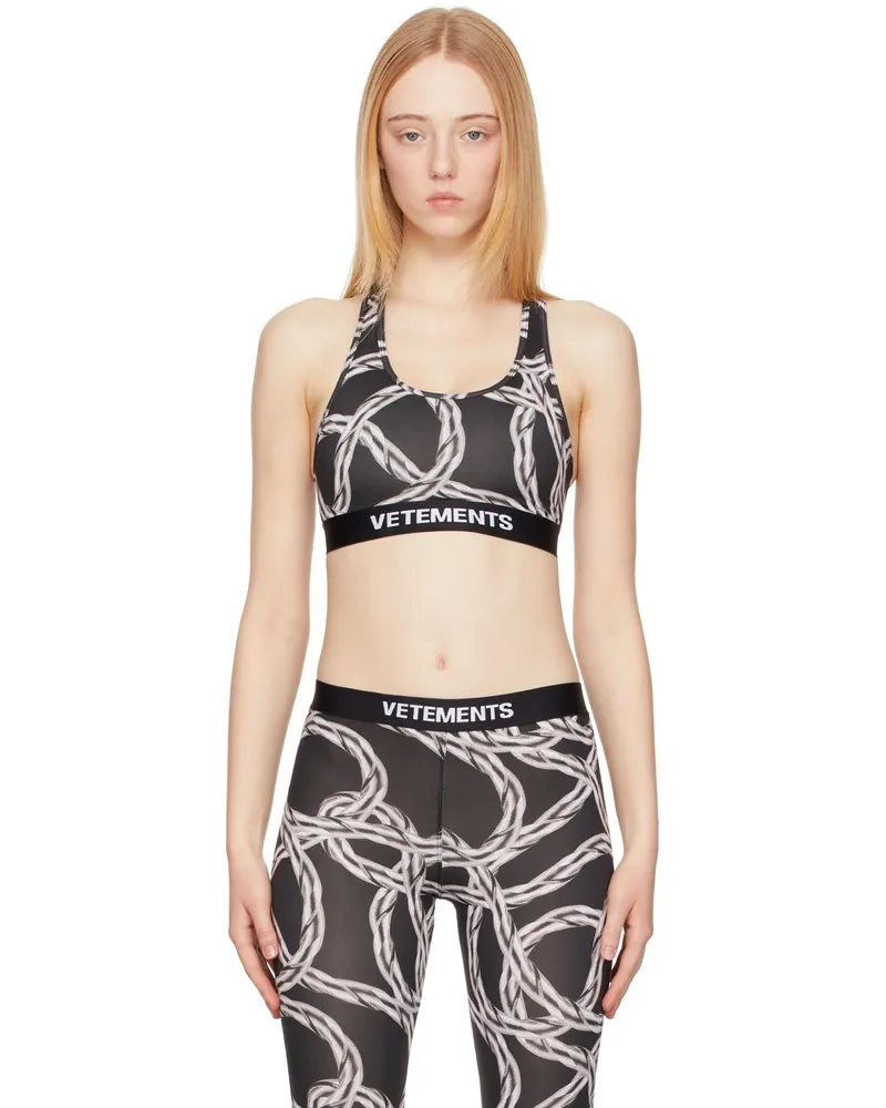 VETEMENTS Black & Grey Chain Print Sports Bra Silver