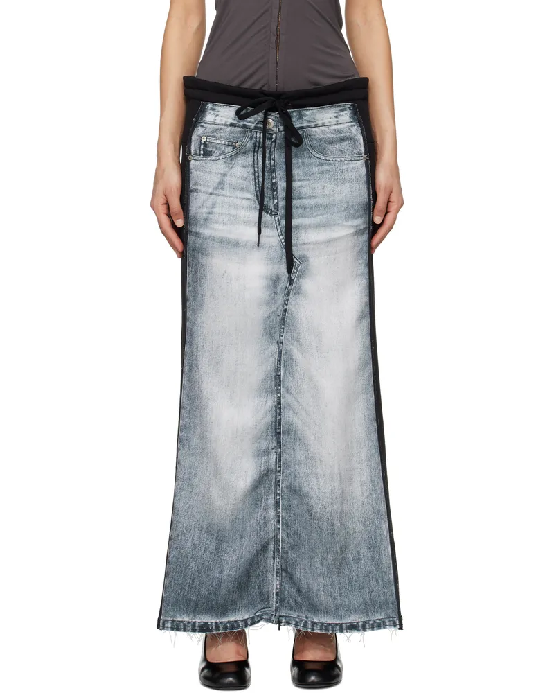 OPEN YY Black & Blue Front Jean Effect Jersey Maxi Skirt Black