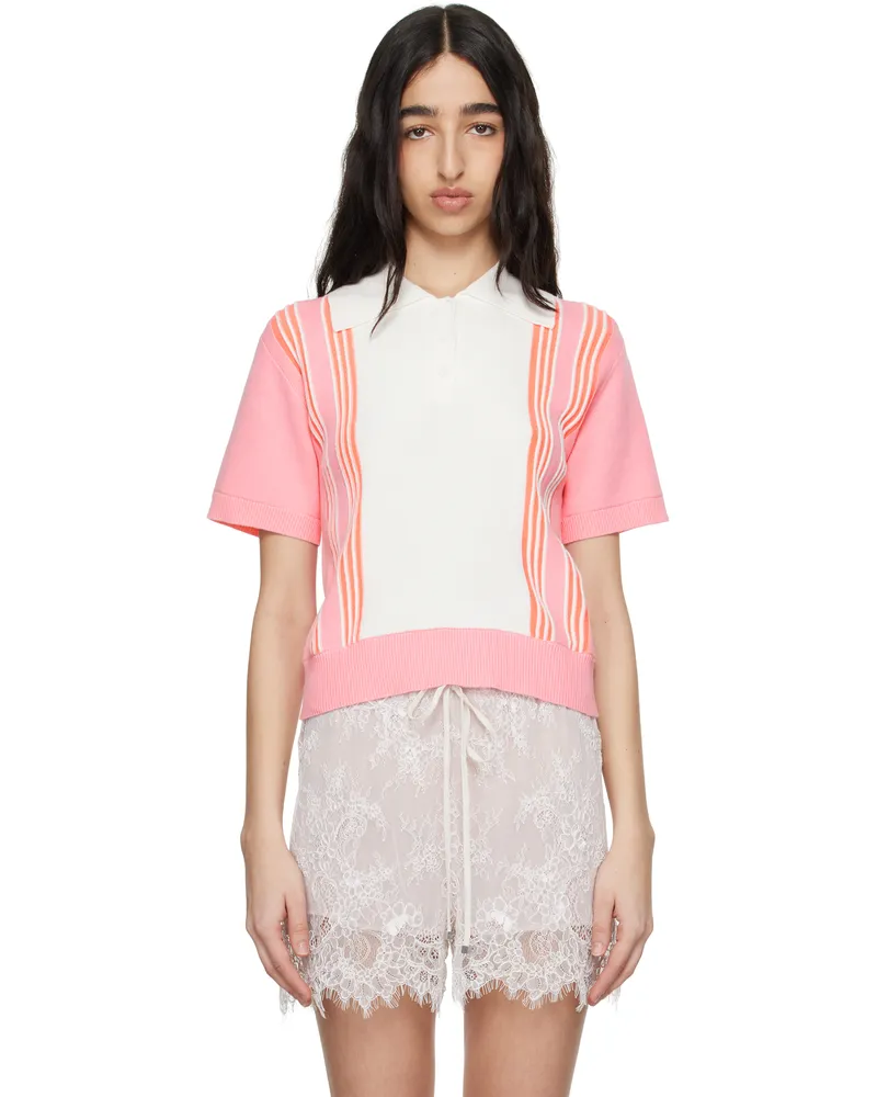 Anna Sui Pink & White Amalfi Knit Short Sleeve Polo Pink