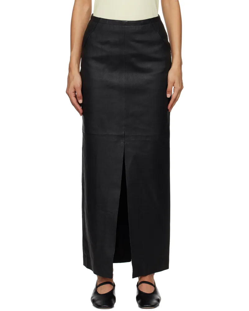 ROTATE Birger Christensen Black High Slit Leather Maxi Skirt 100