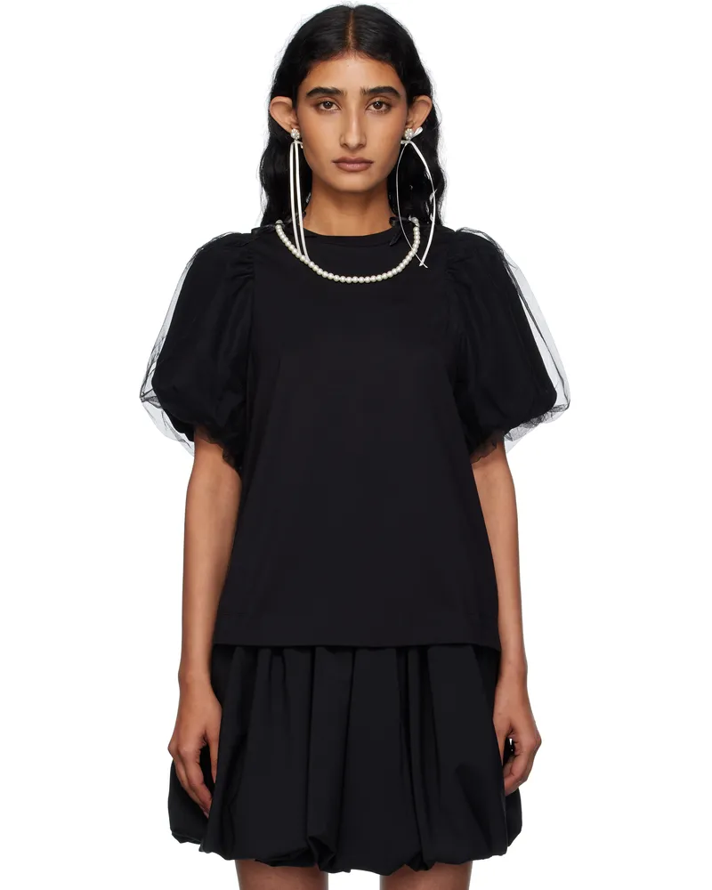 Simone Rocha Black Embellished Tulle Overlay Puff Sleeve T-shirt Black