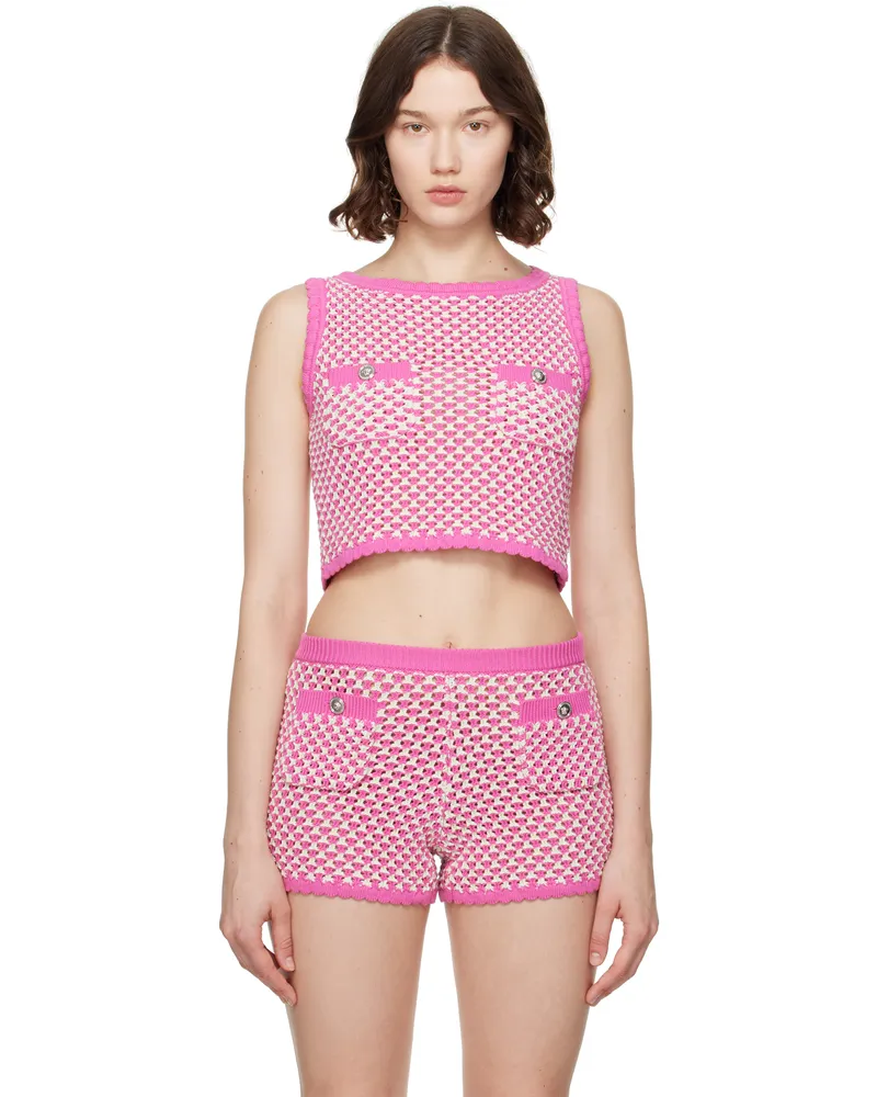 Versace Pink & White Crochet Boxy Knit Top 2kt00-eggshell+guava