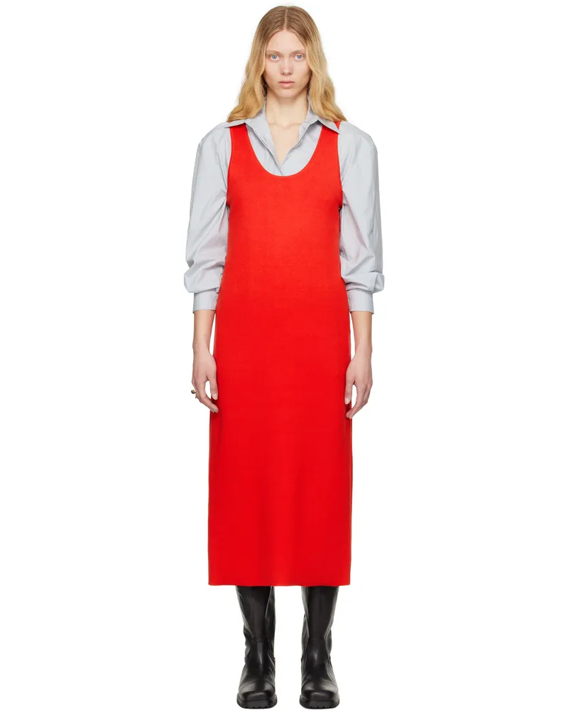 AURALEE Red Cotton Silk Stretch Knit Midi Dress Red