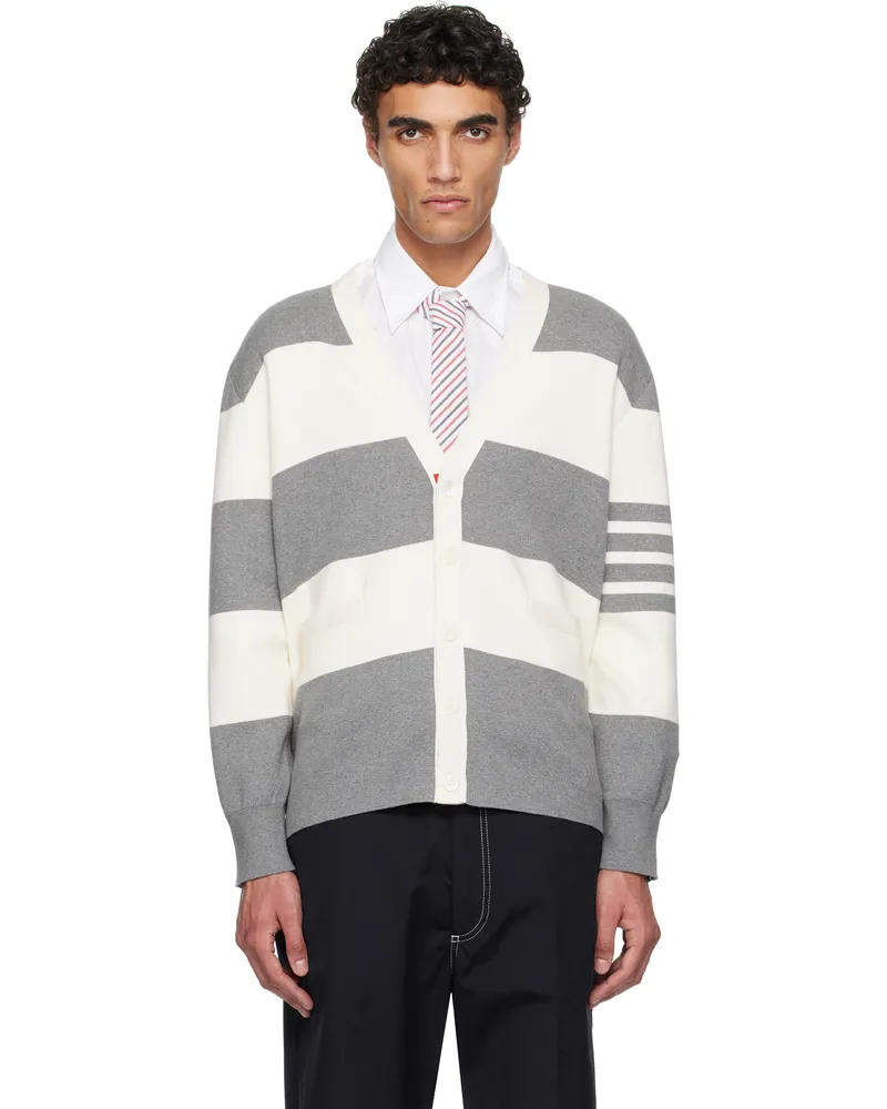 Thom Browne Gray & Off-White Rugby Stripe Milano Stitch V Neck Cardigan 136