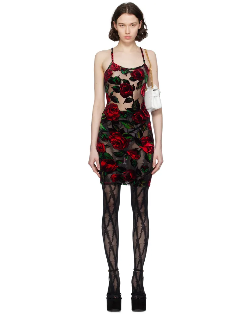 Balmain Black & Red Rose Minidress Elk