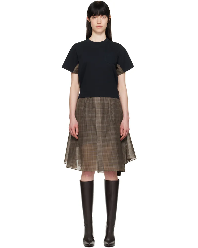 Sacai Navy & Brown Spun Organza & Cotton Jersey Midi Dress 812