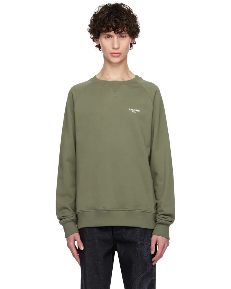 Balmain Khaki Flocked Logo Sweatshirt Ukc