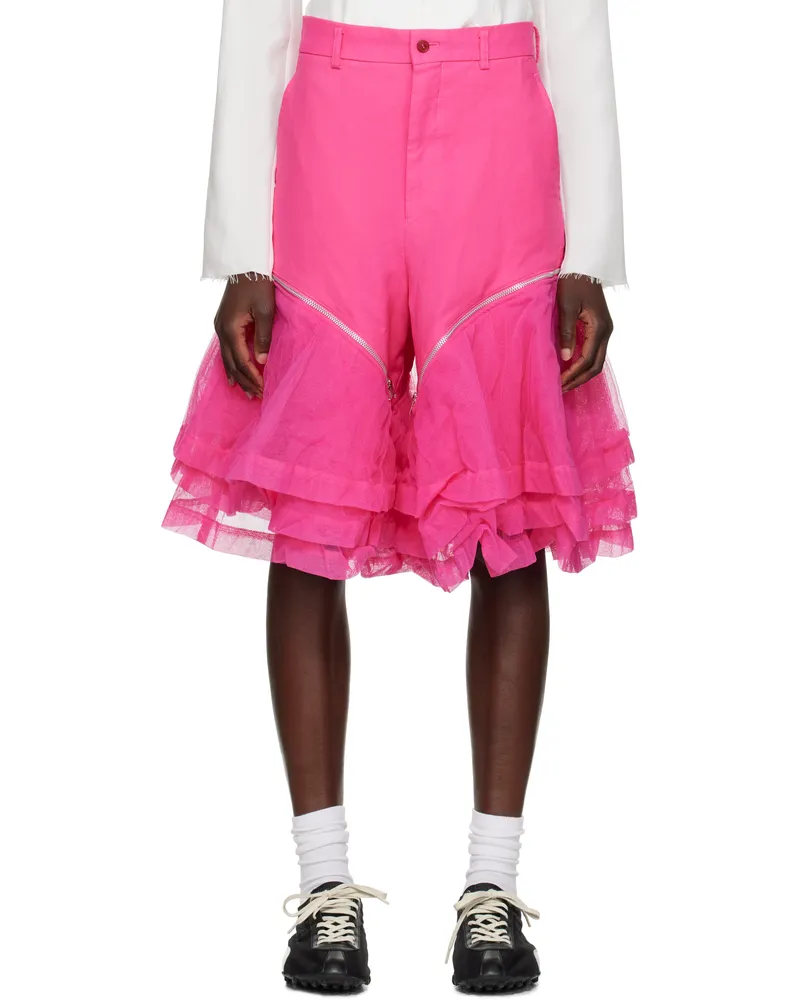 Comme des Garçons Pink Gabardine & Nylon Tulle Garment Treated Shorts 1