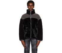 Black & Gray Paneled Zip-Up Faux-Fur Sweater