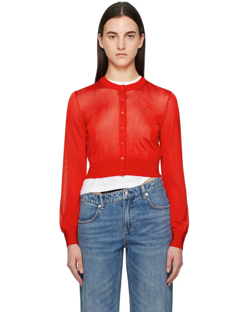 Alexander Wang Red Logo-Embroidered Cropped Cardigan Fiery