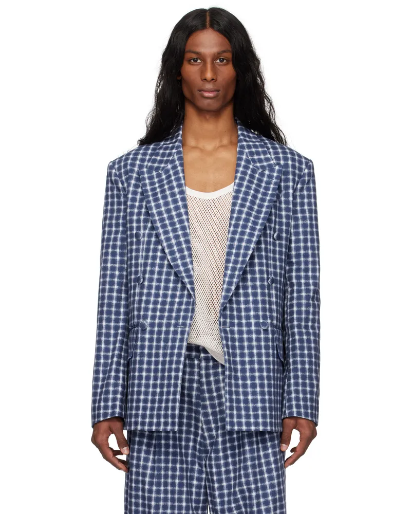 ERL Navy & White Check Double-Breasted Blazer Navy