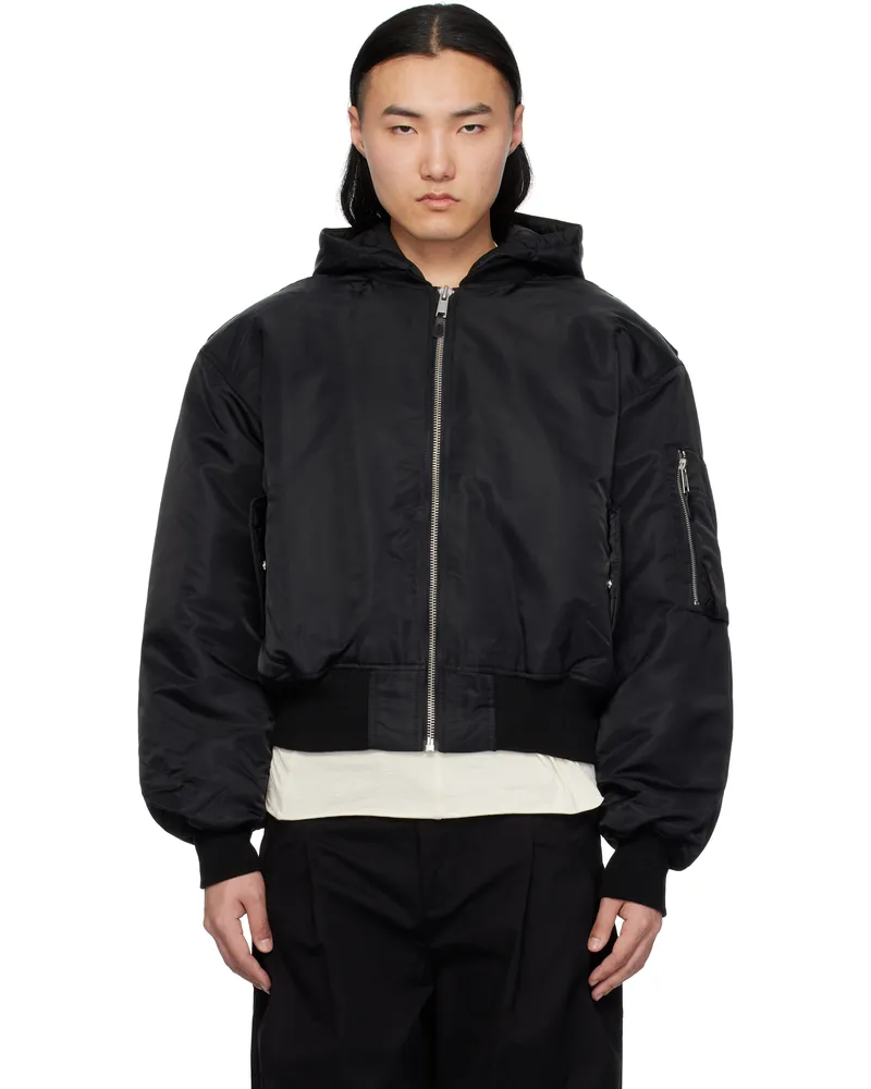Entire Studios Black Hooded Broad Bomber Jacket Oil