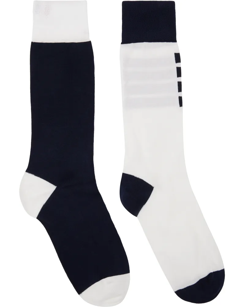 Thom Browne White & Navy Funmix Classic 4-Bar Jersey Mid Calf Socks 979