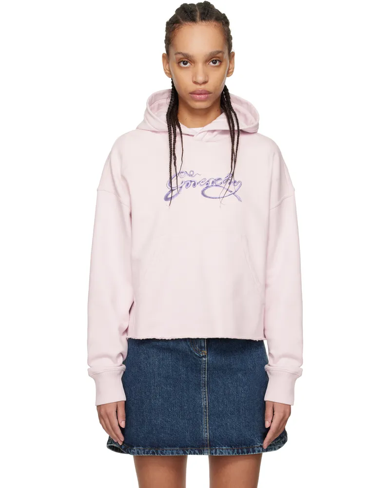 Givenchy Pink Cropped 'GIVENCHY' Snake Print Fleece Hoodie 680-pale