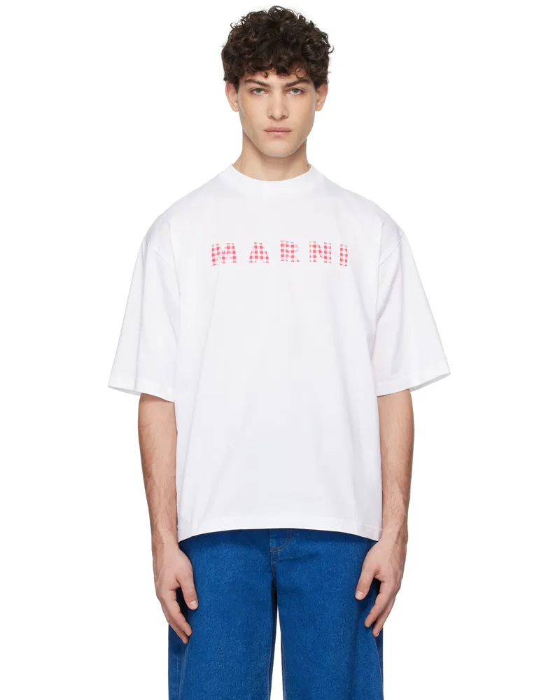 Marni White Checked 'Marni' Logo Crewneck T-shirt G1w01