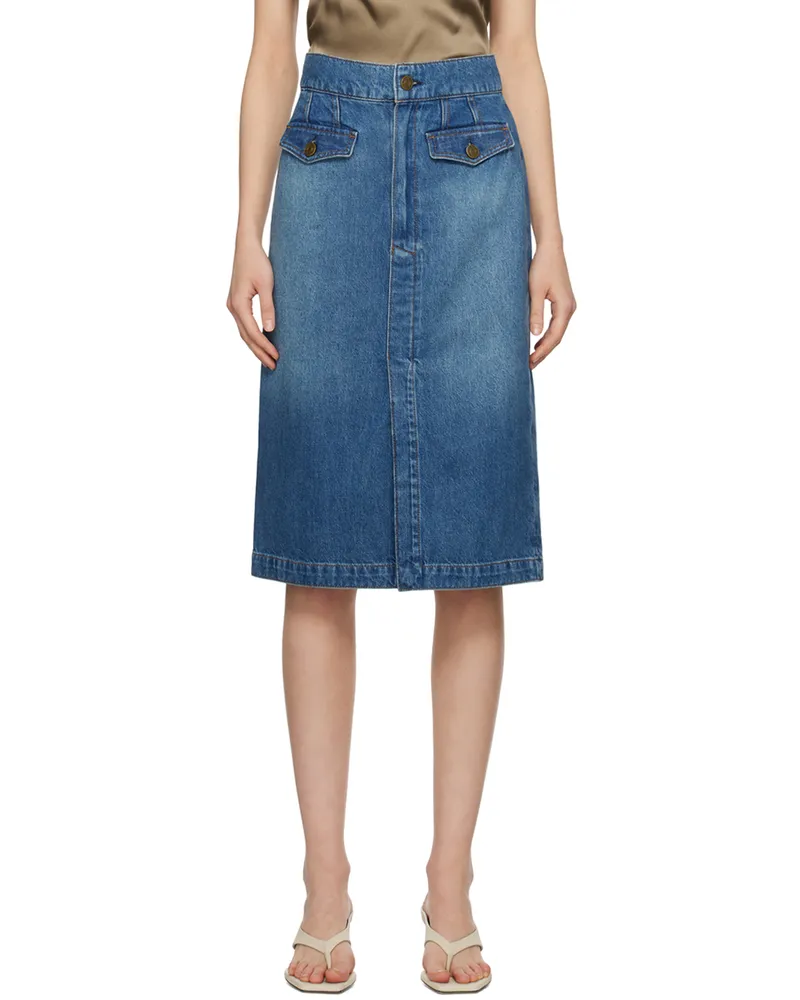 Frame Denim Blue 'The Vent Front' Denim Midi Skirt Pearl