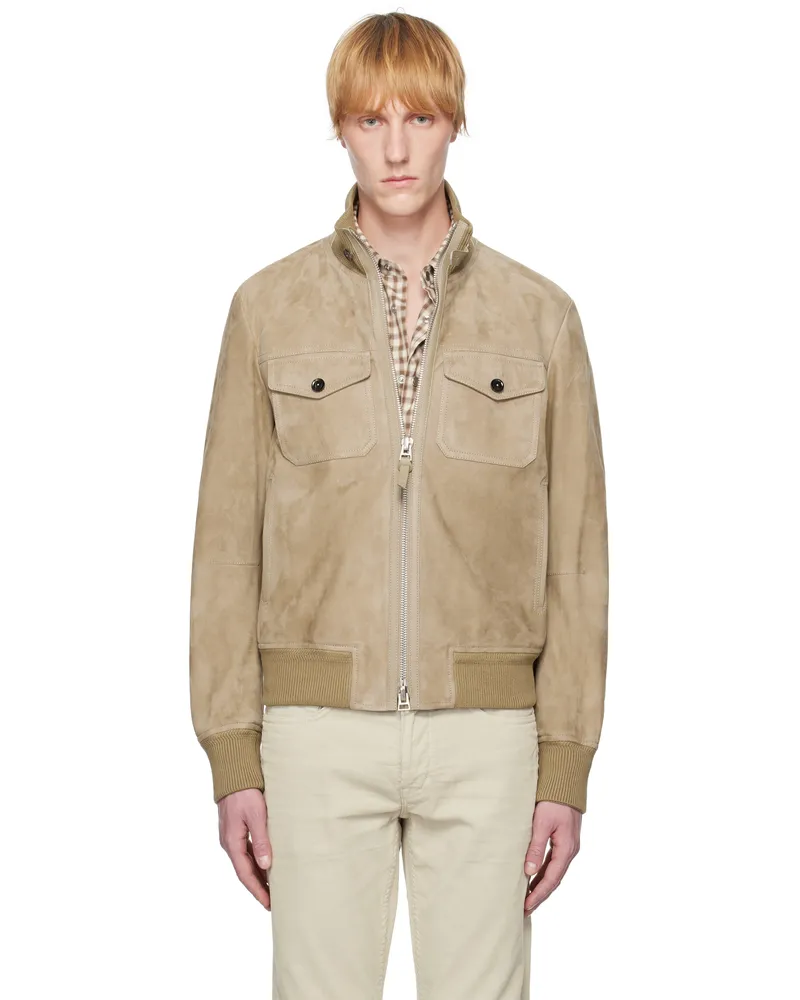 Tom Ford Khaki Chest Pocket Suede Bomber Jacket Stone