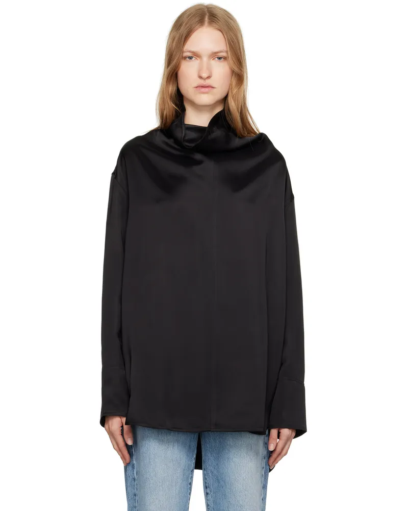 Totême Black Funnel Neck Satin Blouse Black