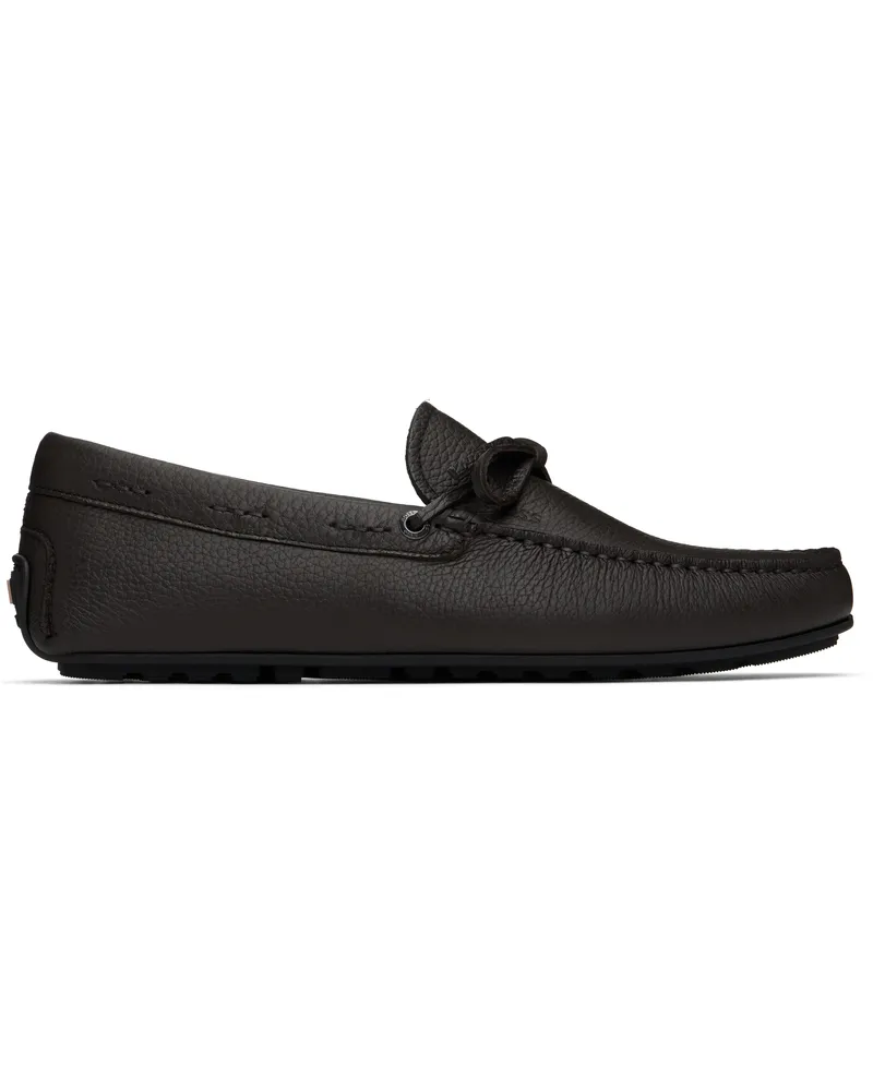 HUGO BOSS Brown Grained Leather Driver Sole Loafers 201-dark