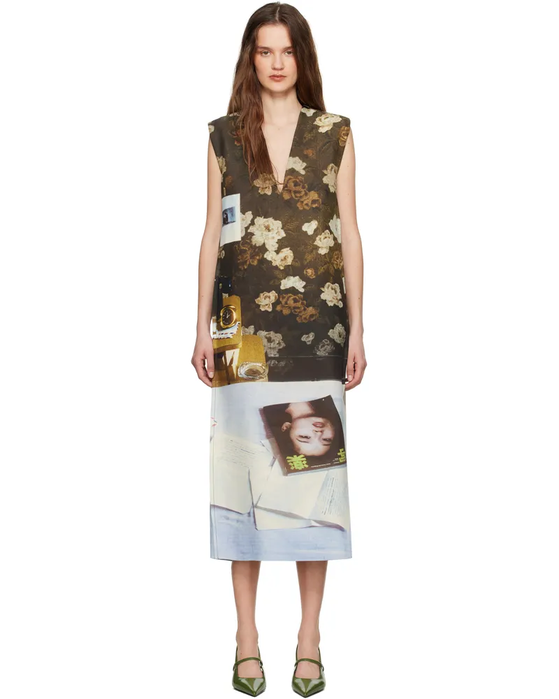 Jil Sander Brown & Blue Wool Blend Printed Midi Dress 344
