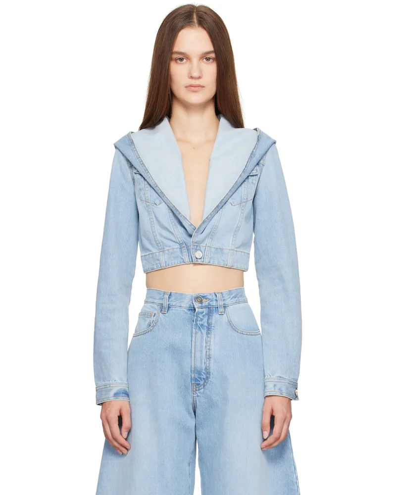 Alaïa Blue Hooded Cropped Denim Jacket -