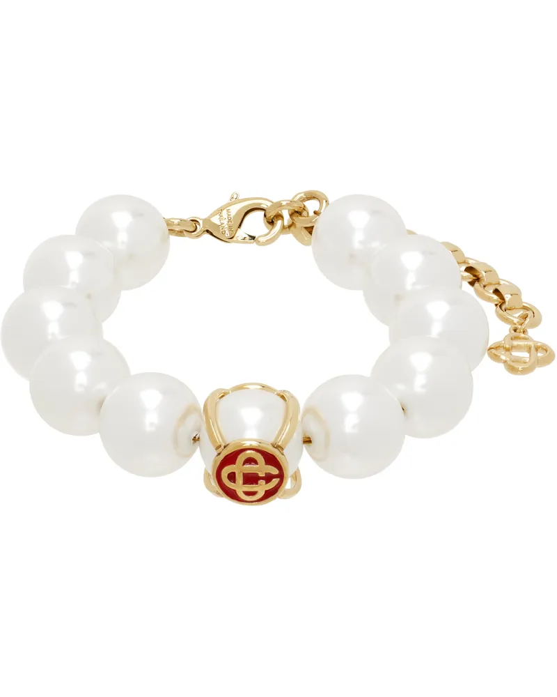 Casablanca Paris Gold & White Logo Faux-Pearl Bracelet Gold