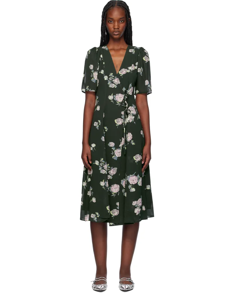 Ganni Black Floral Crepe Wrap Midi Dress 771