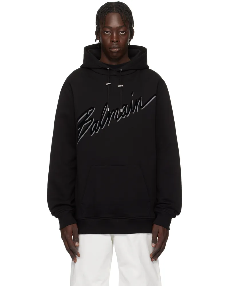 Balmain Black Flocked 'Balmain' Letter Hoodie Eap