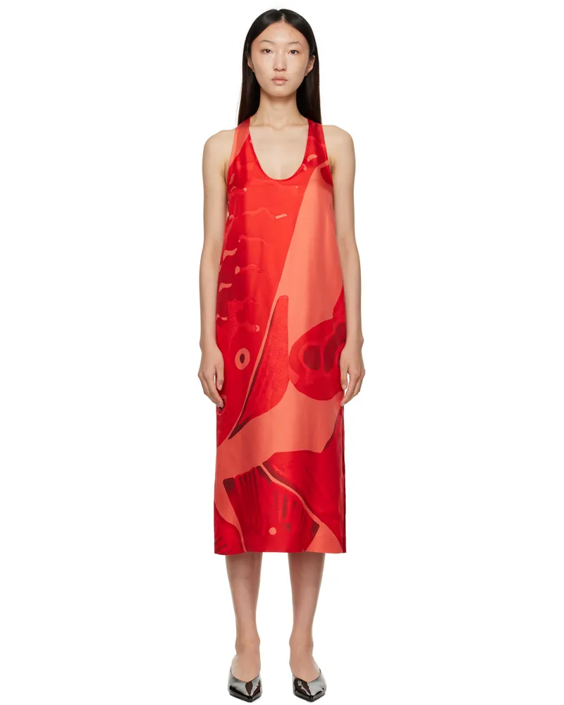 Ferragamo Red Fish Print Silk Maxi Dress 001