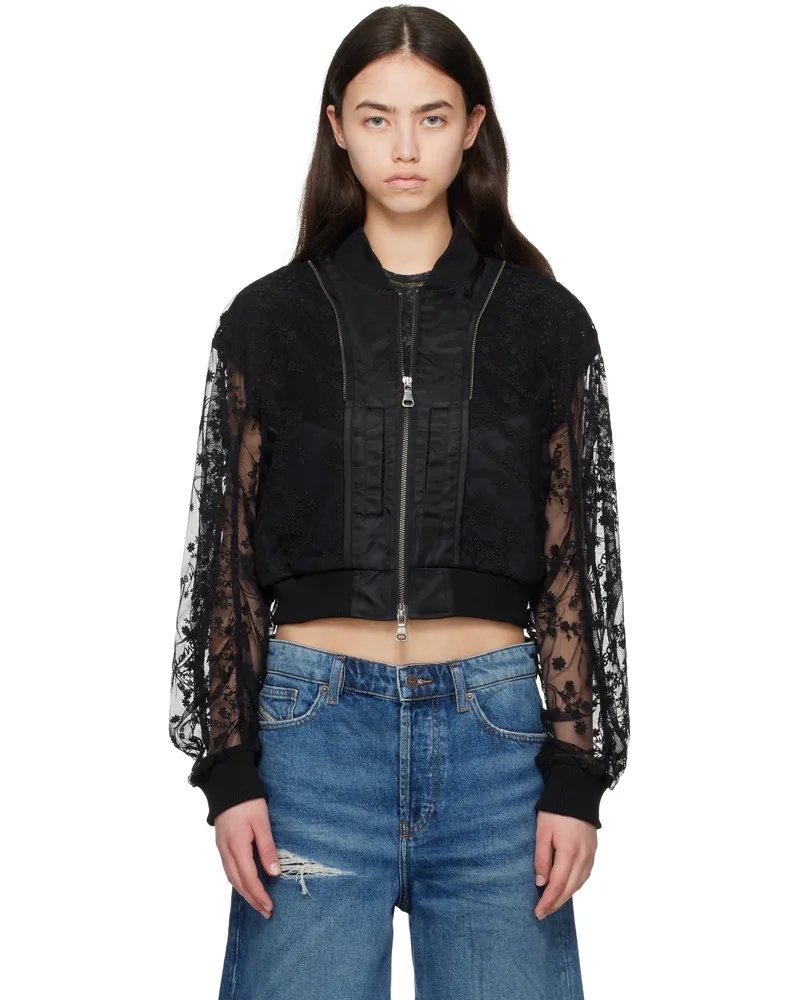 Andersson Bell Black Layered Logo Lace Short Bomber Jacket Black