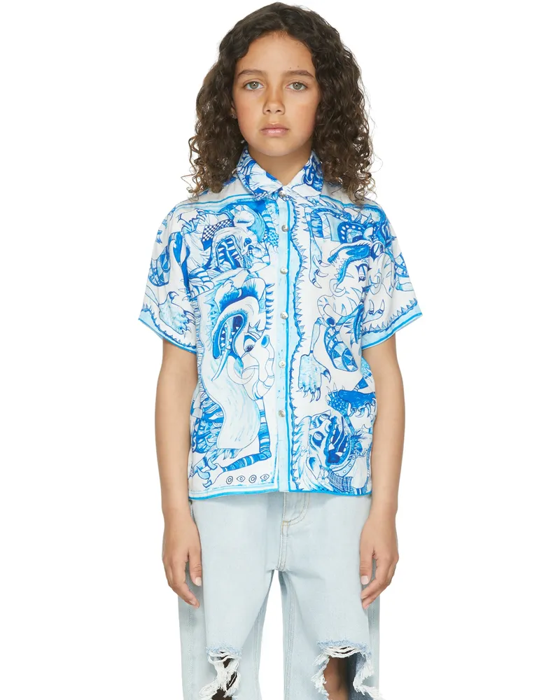 ENDLESS JOY SSENSE Exclusive Kids White & Blue Barong Short Sleeve Shirt Blue