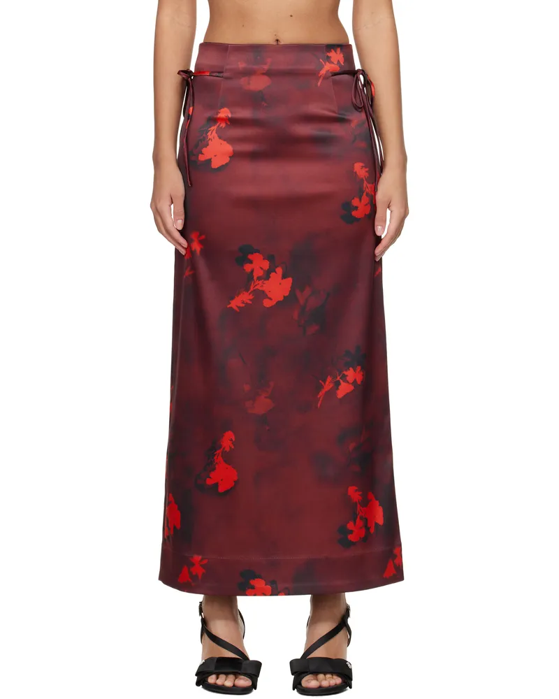 Ganni Red Printed Satin Maxi Skirt 047