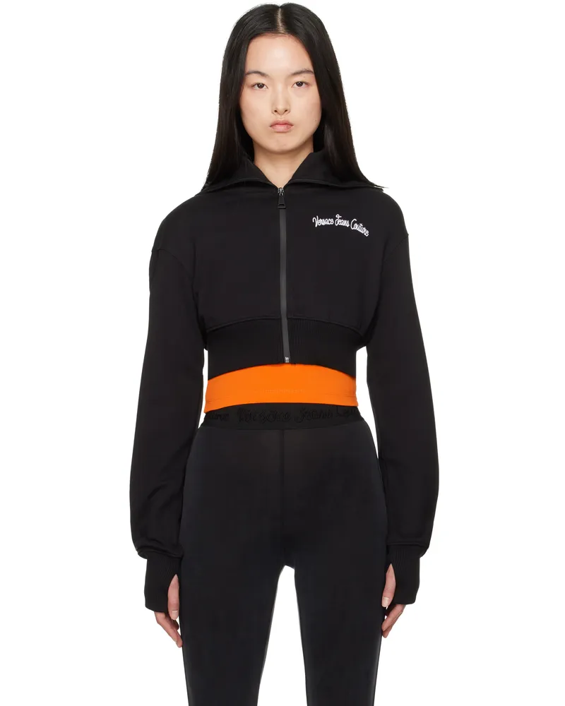 Versace Jeans Black Embroidered Logo Crop Zip Hoodie E899