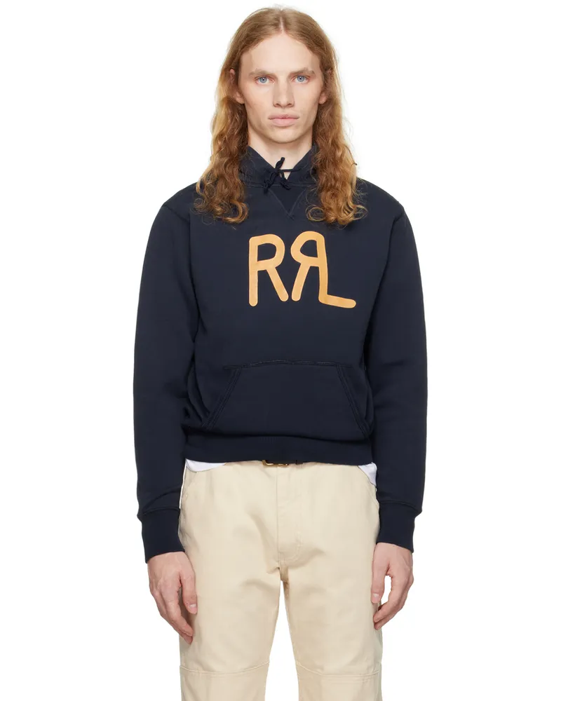 RRL Navy 'RRL' Ranch Logo Hoodie Faded