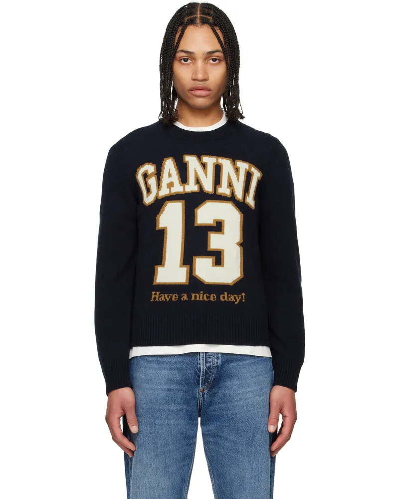 Ganni Navy Graphic Wool Mix Baseball Sweater Sky