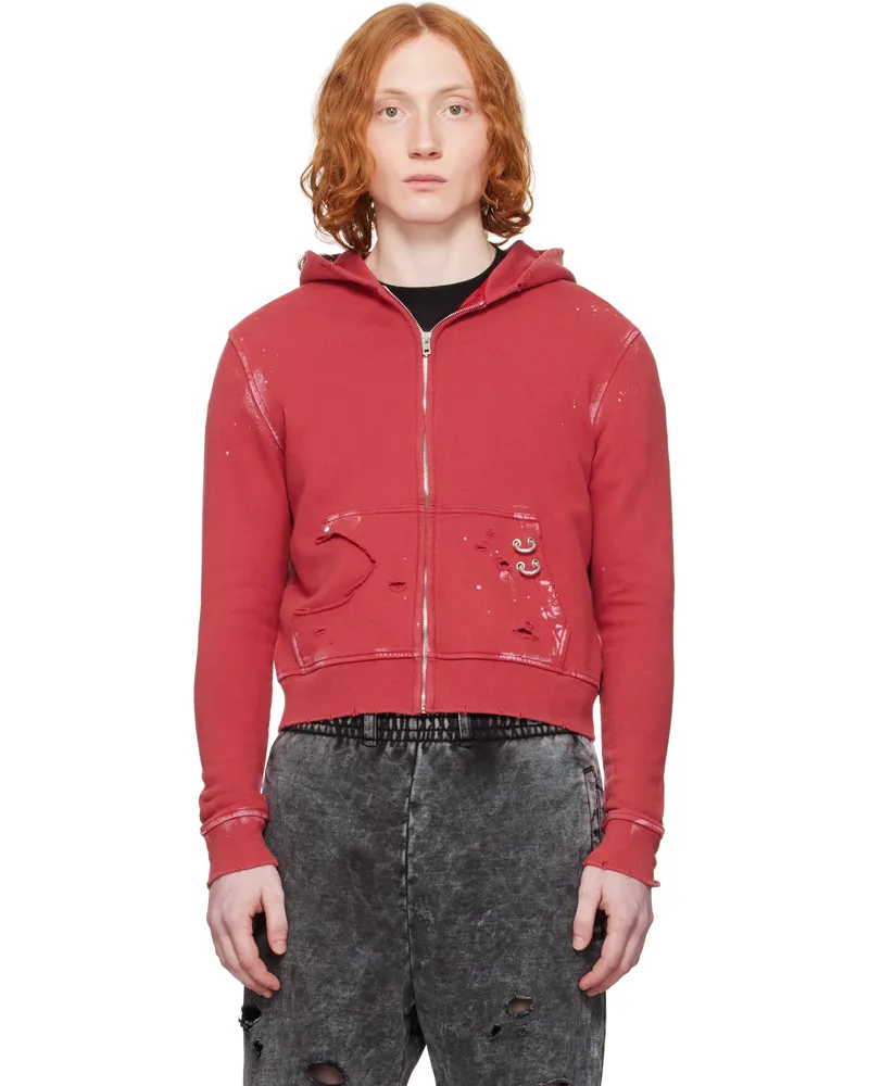 WE 11 DONE Red Pierced Zip-Up Hoodie Red