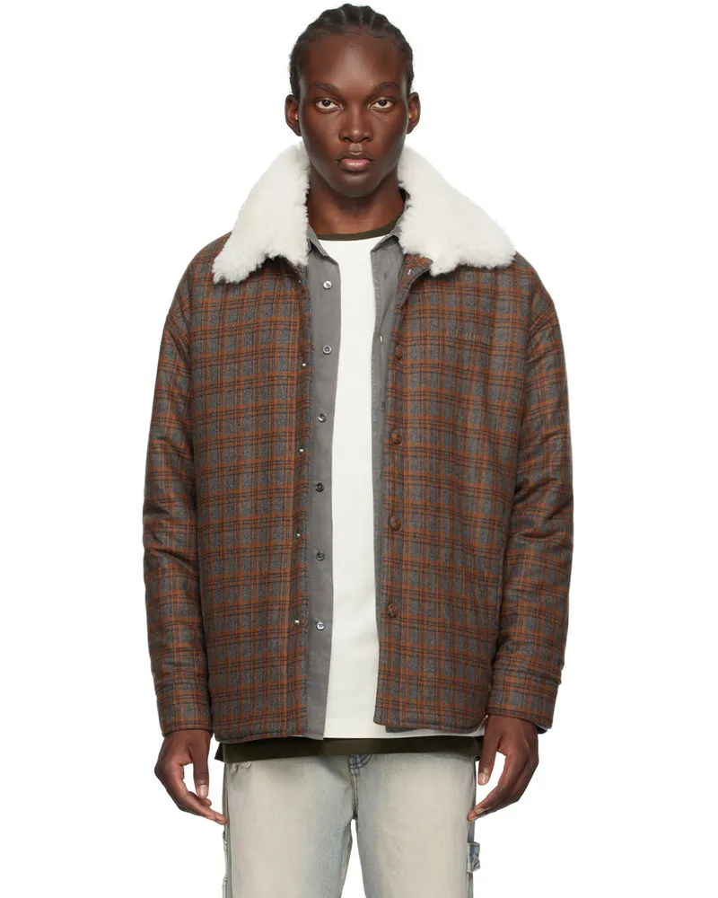 WE 11 DONE Brown Check Insulated Faux-Shearling Jacket Brown
