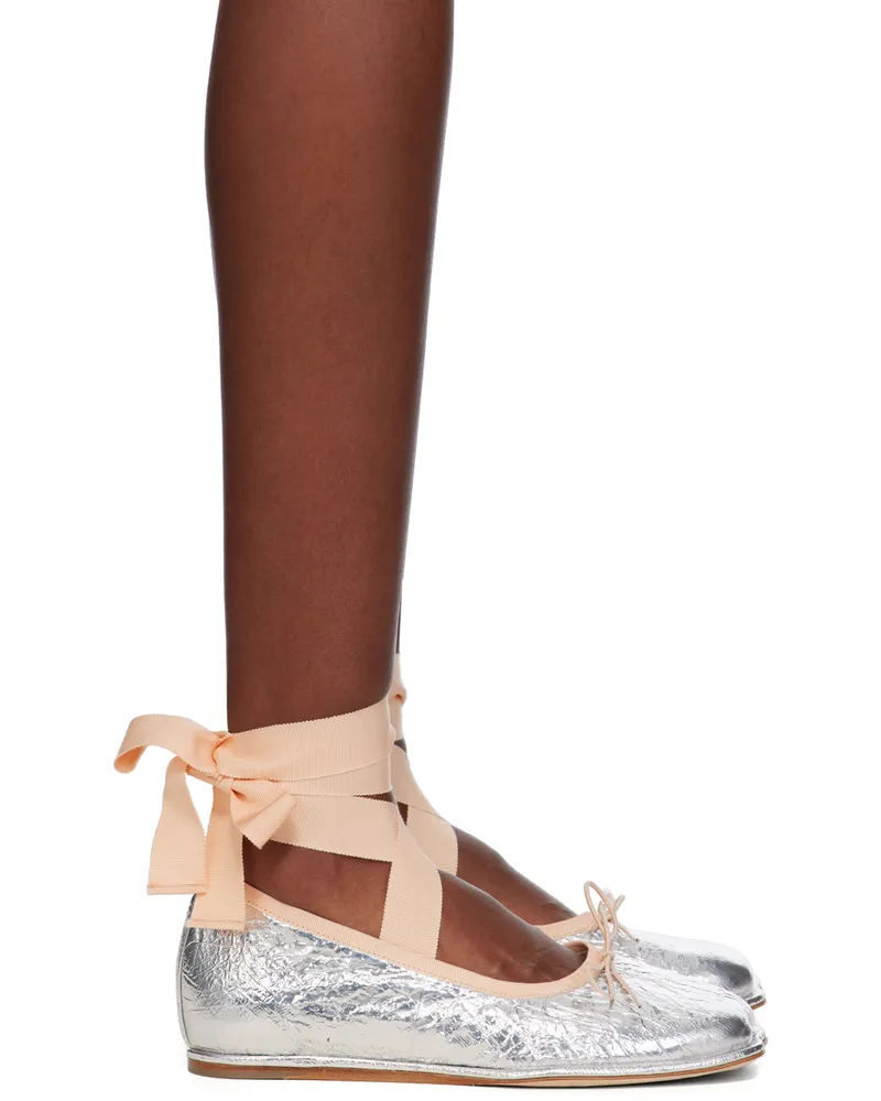 Simone Rocha Silver Heart Toe Ribbon Bow Ballerina Flats Silver