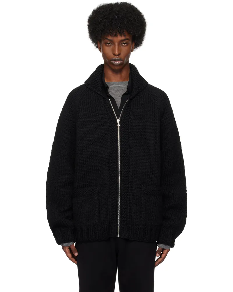 AURALEE Black Silk Wool Hand Knit Cardigan Black