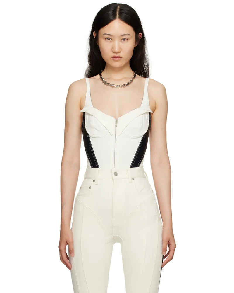 Thierry Mugler White & Black Paneled Denim Bodysuit B1119