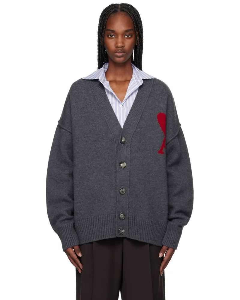 AMI Paris Gray Wool Ami de Coeur Cardigan Heather