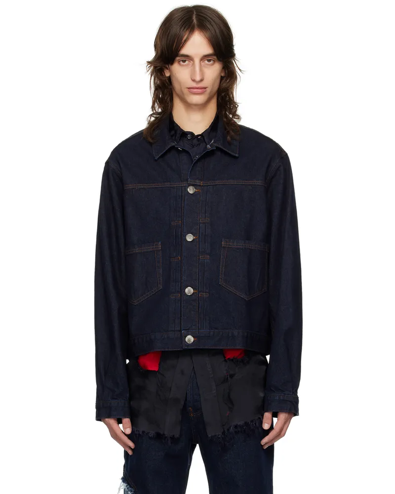 Edward Cuming Navy Knife Pleat Denim Jacket Indigo