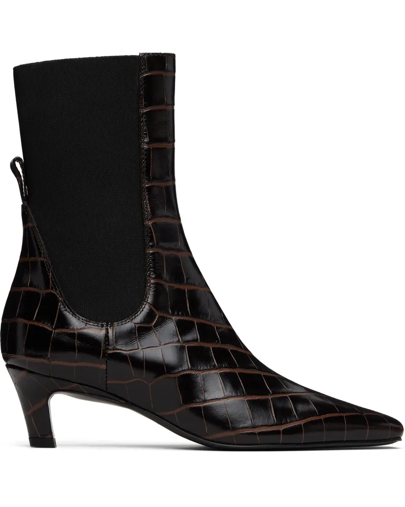 Totême Brown Croco-Embossed Mid-Heel Boots Dark