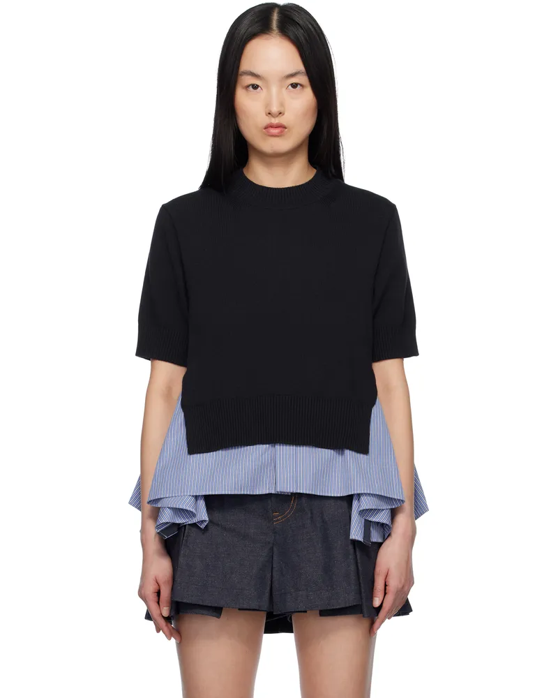 Sacai Navy & Blue Cotton Poplin & Knit Pullover Sweater 239