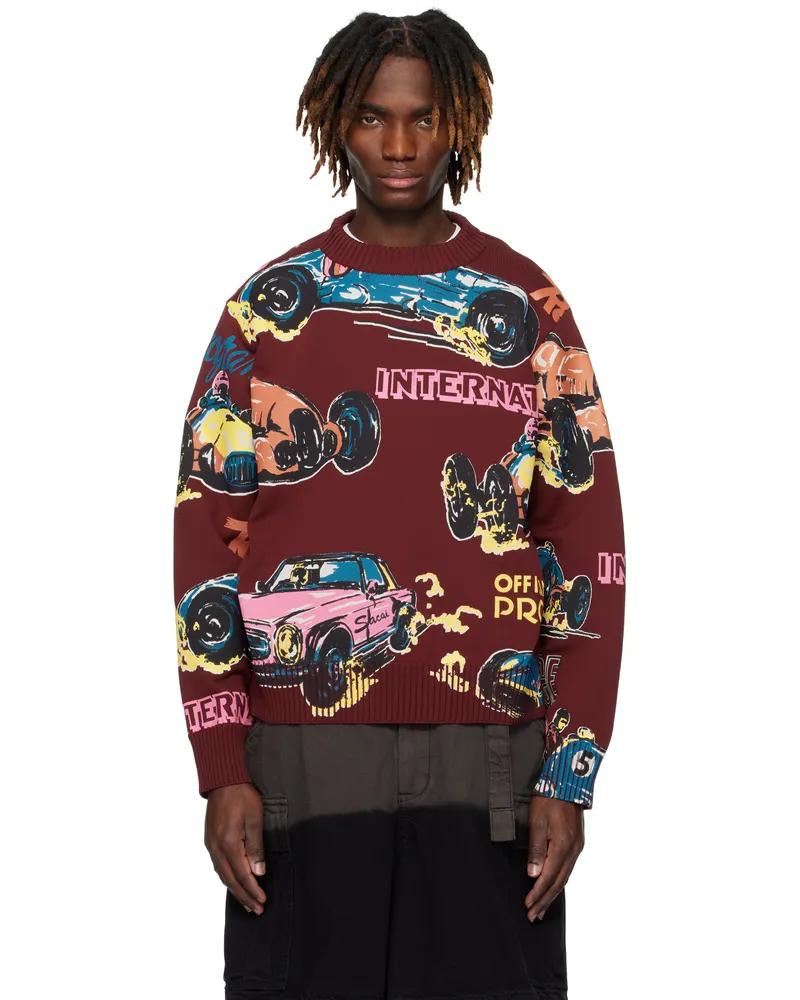 Sacai Burgundy Car Race Print Knit Pullover Sweater 701