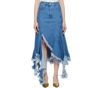 Blue Frayed Denim Midi Skirt