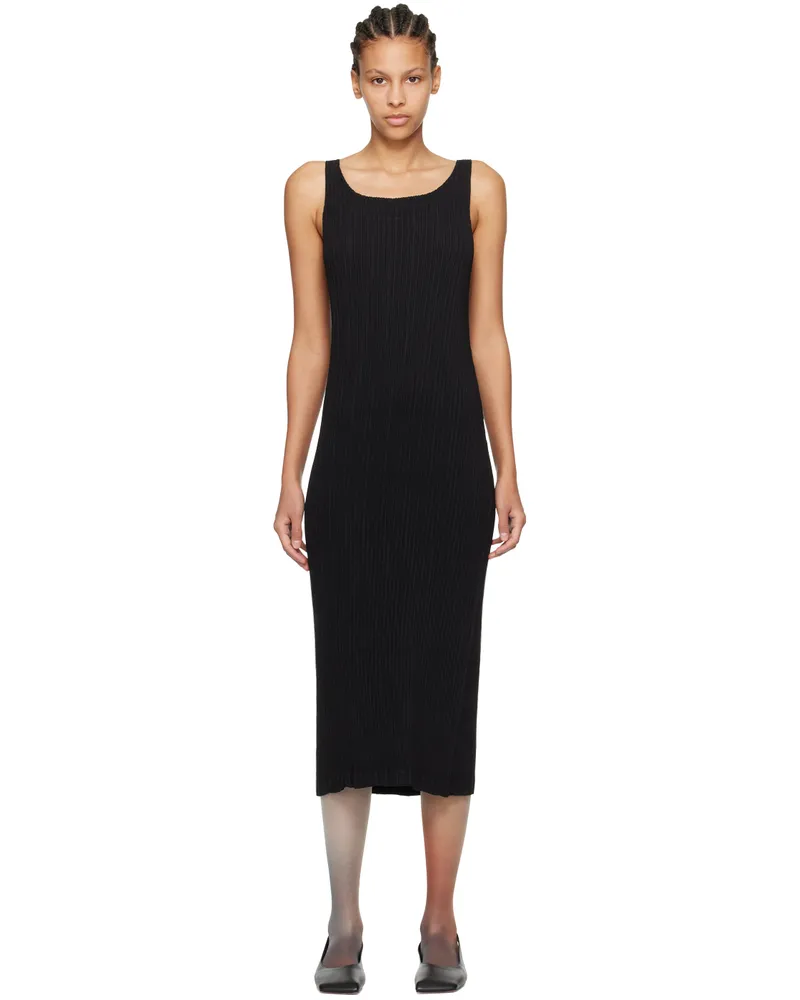 Issey Miyake Black Hatching Pleats Midi Dress 15-black