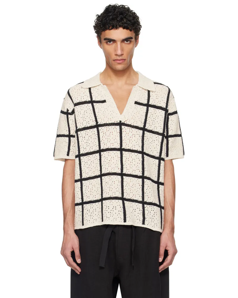 COMMAS Off-White & Black Crochet Check Open Placket Polo Off