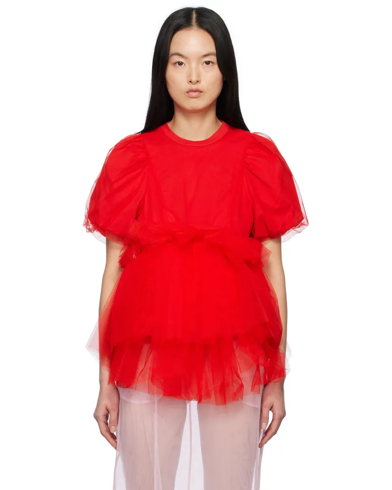 Simone Rocha Red Tulle Overlay Puff Sleeve Tutu Hem T-shirt Red